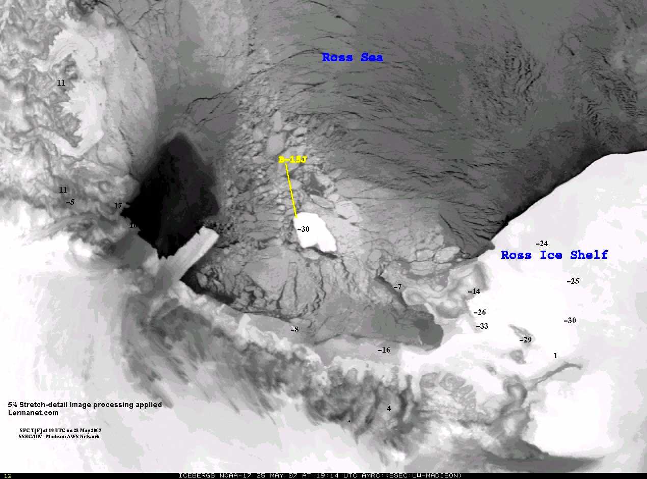 melt visible ross island antarctica, may 27, 2007 imagery, 5% detail enhancement