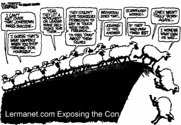Cartoon, showing sheep walking off a cliff... various captions including - Scientology is the answer..