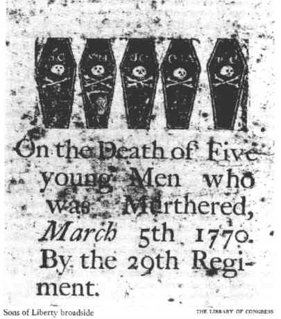 A Broadside postedby The sons of Liberty in 1770, One of the first anonymous postings in America, protesting the death of 5 young patriot - protestors