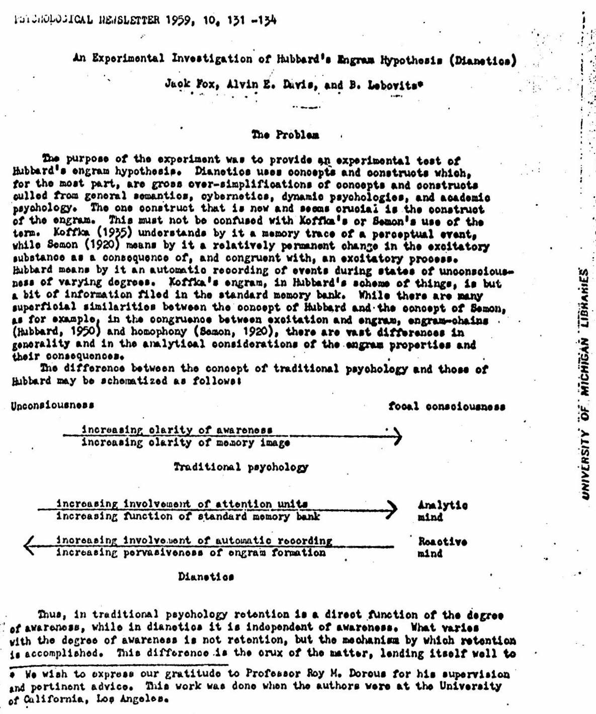 page one of dianetics clinical trial published 1958