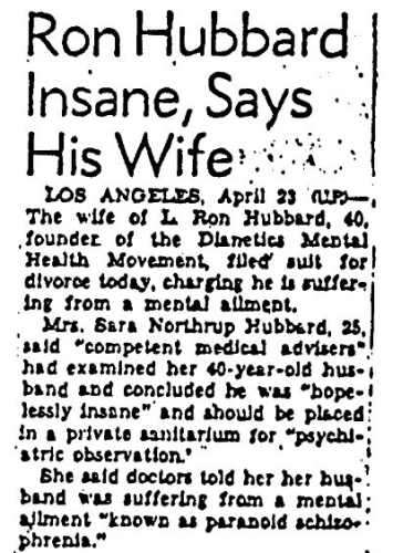 Image of april; 23 1951 article Ron Hubbard Insane, Says His Wife