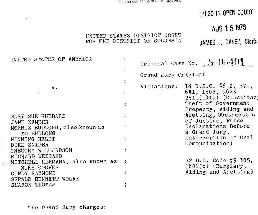Image of actual Federal grand jury indictment of Scientologists MARY SUE HUBBARD, JANE KEMBER, MO BUDLONG, HENNING HELDT, DUKE SNIDER, GREGORY WILLARDSON, RICHARD WEIGAND, MITCHELL HERMANN, CINDY RAYMOND, GERALD BENNETT WOLFE, SHARON THOMAS