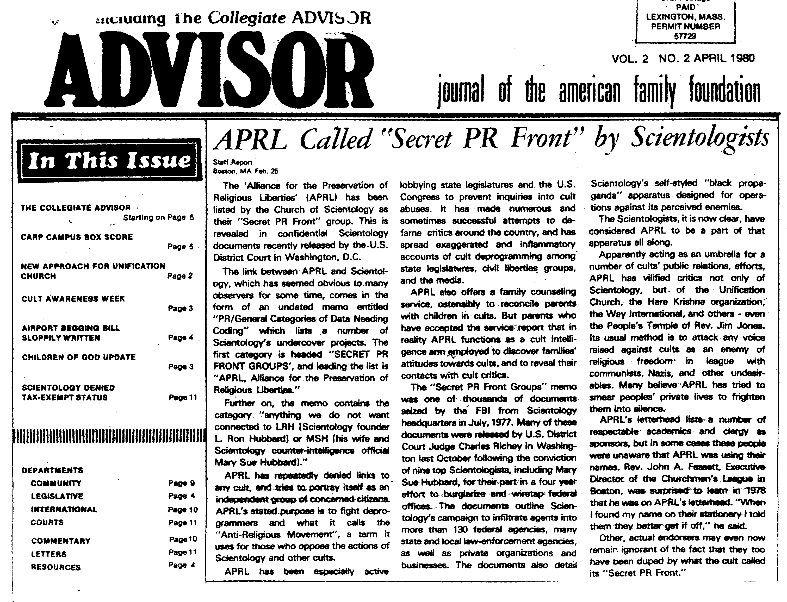 Full scan of Vol.2 No. 2 April 1980 Issue of The Collegiate Advisor, about the APRL scientology fropnt group