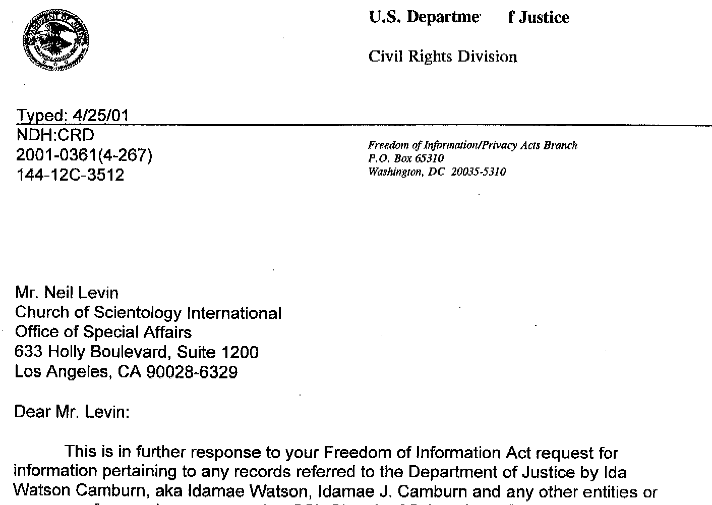 Reply from the DoJ re Scientology's FOIA on Ida Camburn