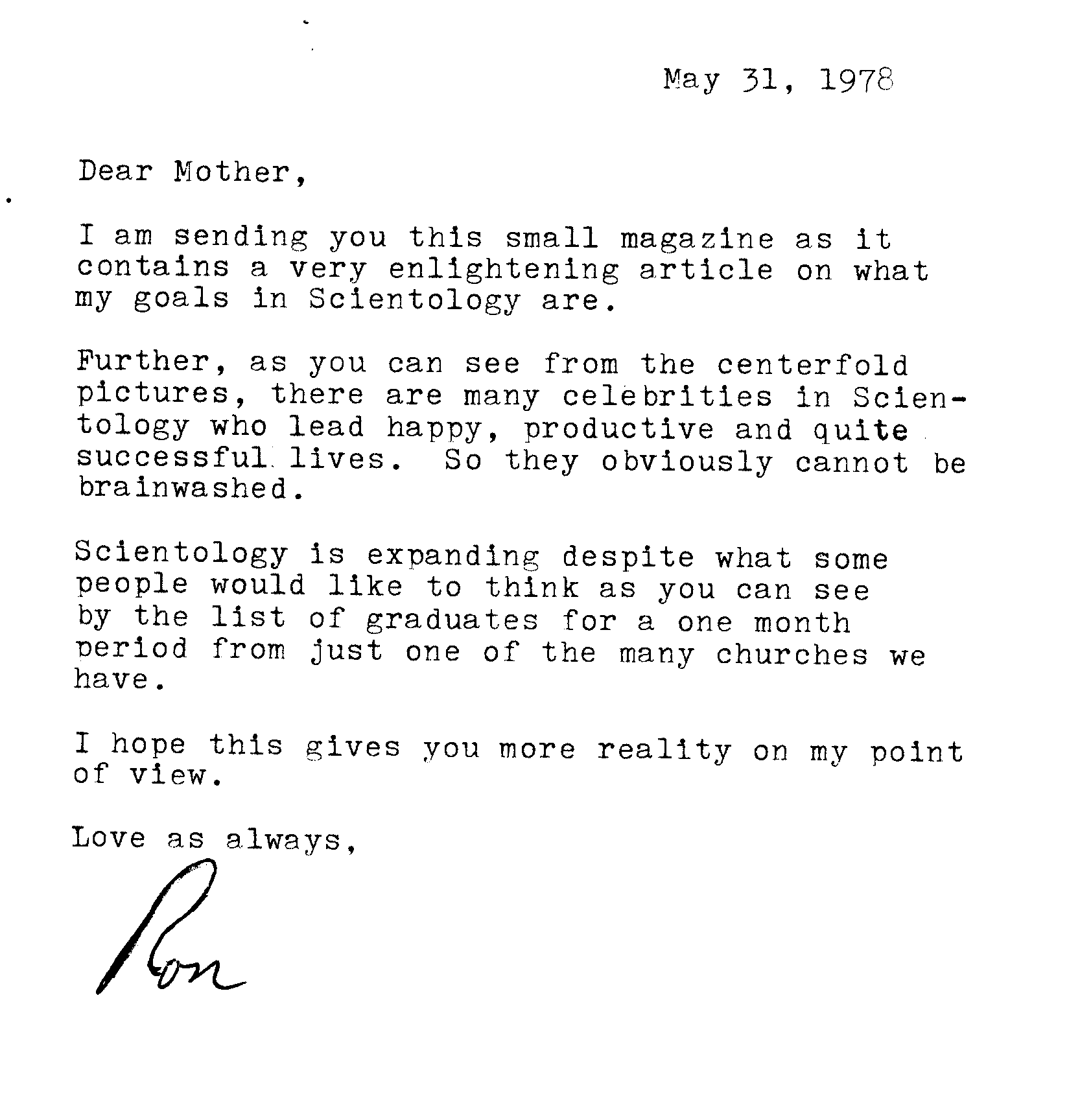 short letter from Ronnie to his mom