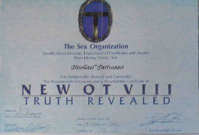 Michael Pattinson's Scientology OT8 certificate