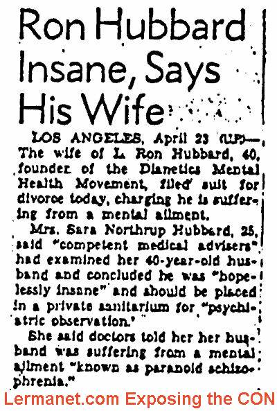 L Ron Hubbard insane says His Wife - image of newspaper clipping