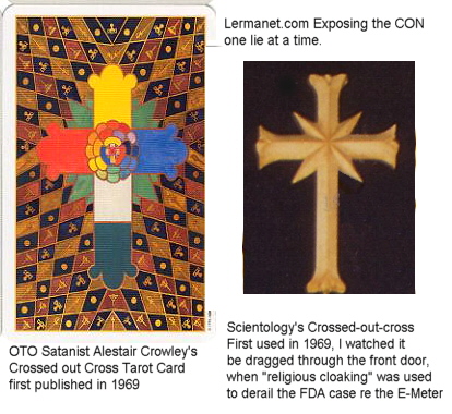 Scientology's crossed out cross Logo compared to Crowley's Cross>

<font size=