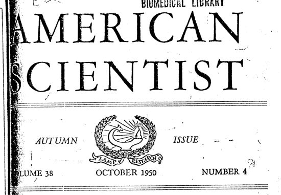 Cover the American Scientist, 1950, with article about Cybernetics and a section trashing L Ron Hubbard's Dianetics
