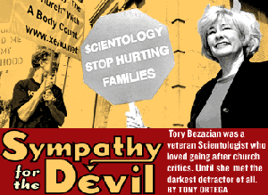 photo of Tory Bezazian picketing Scientology