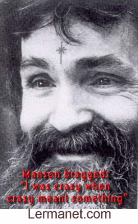 the swaztika that is in fact on charlie manson's forehead was replaced by a scientology crossed out cross by a recovering ex-scientologist who made the image for parody purposes