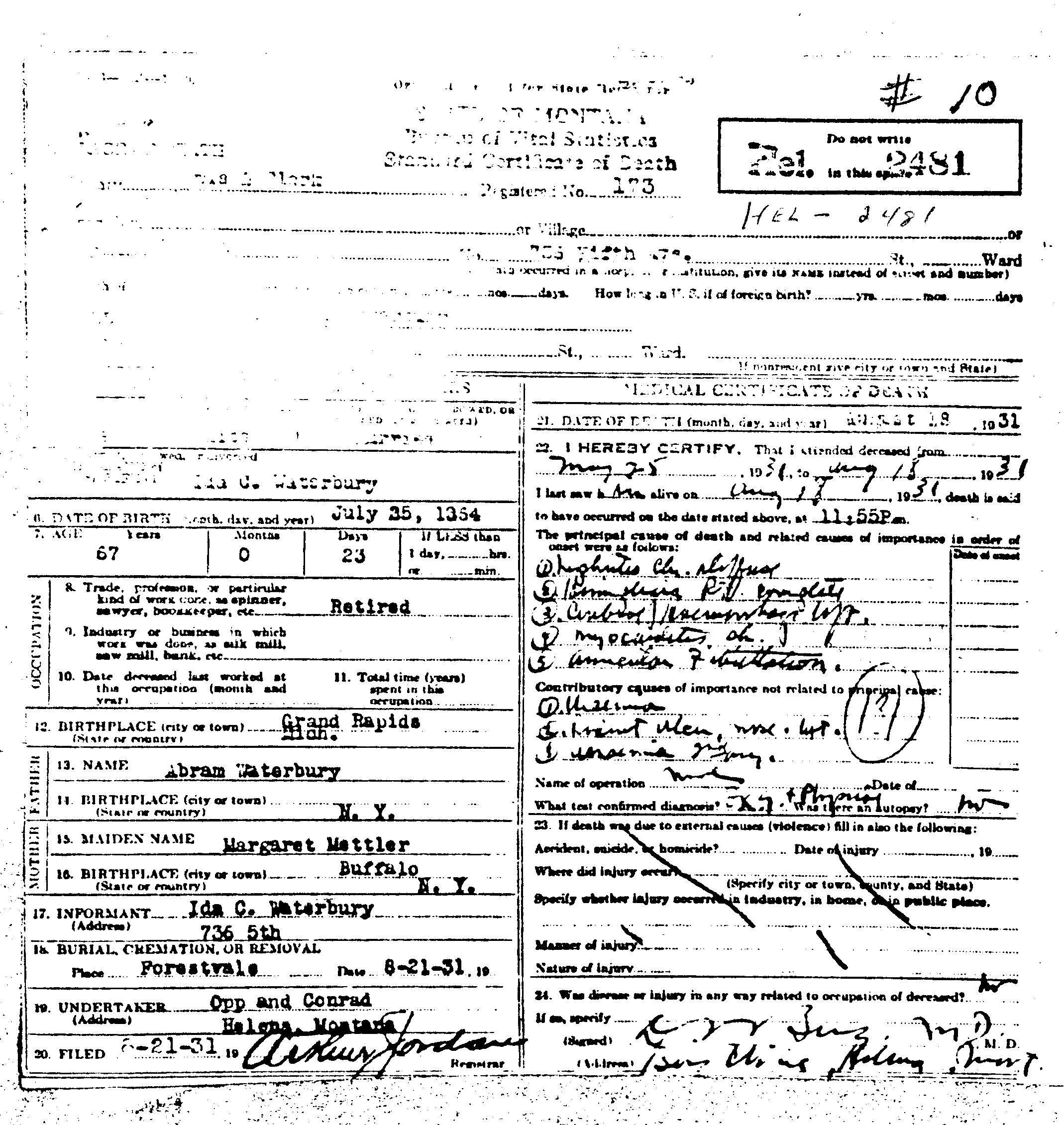 10. Shannon Report:  Certified copy of the death certificate of Lafayette 0. Waterbury, from the Department of Health, Helena, Montana-file * HEL-2481