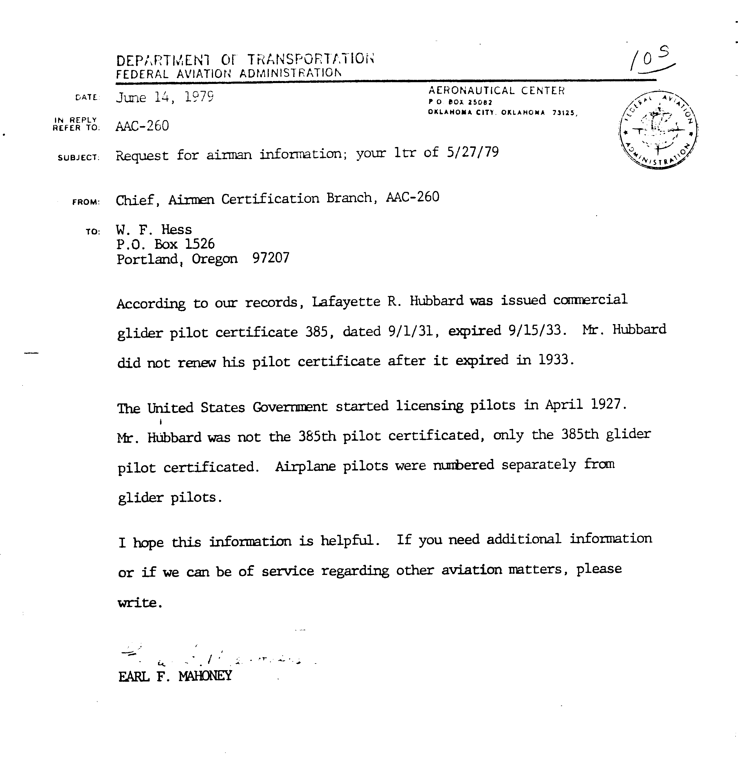 105 - Letter from Federal Aviation Agency - FAA re Hubbard
