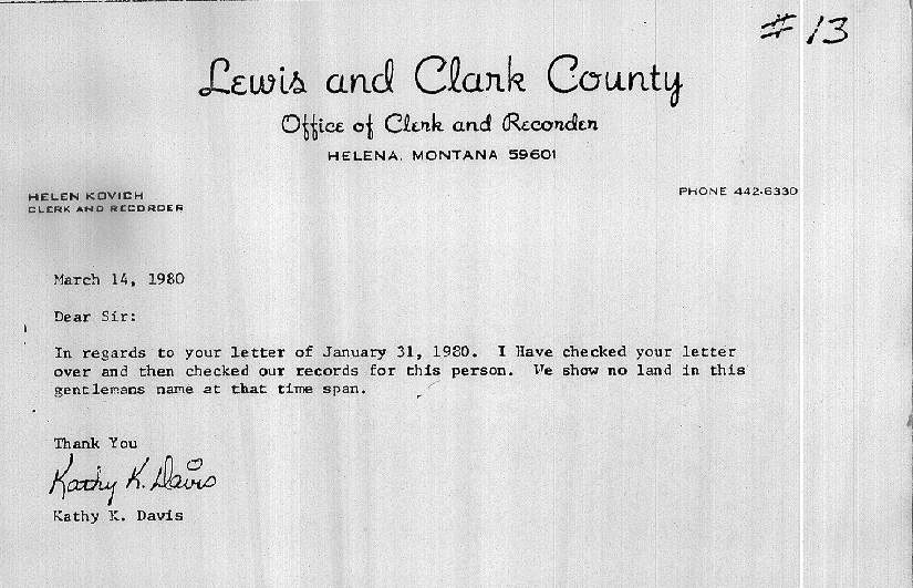 13 Letter from the Office of the Clerk and Recorder, Lewis and Clark County Helena) Montana 59601.