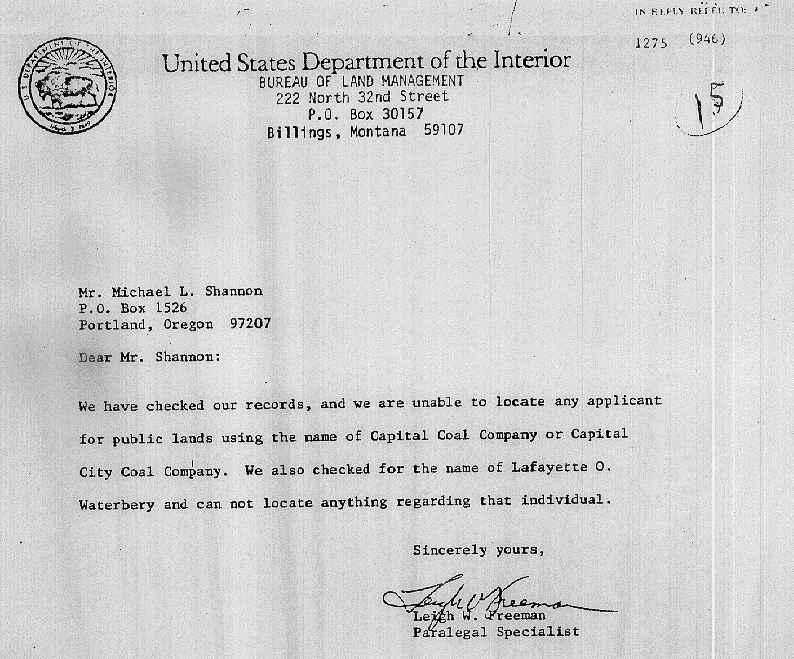 15   Letter from the Department of the Interior, Bureau of Land Management office P.O. Box 30157, Billings, Montana,no record of Hubbard