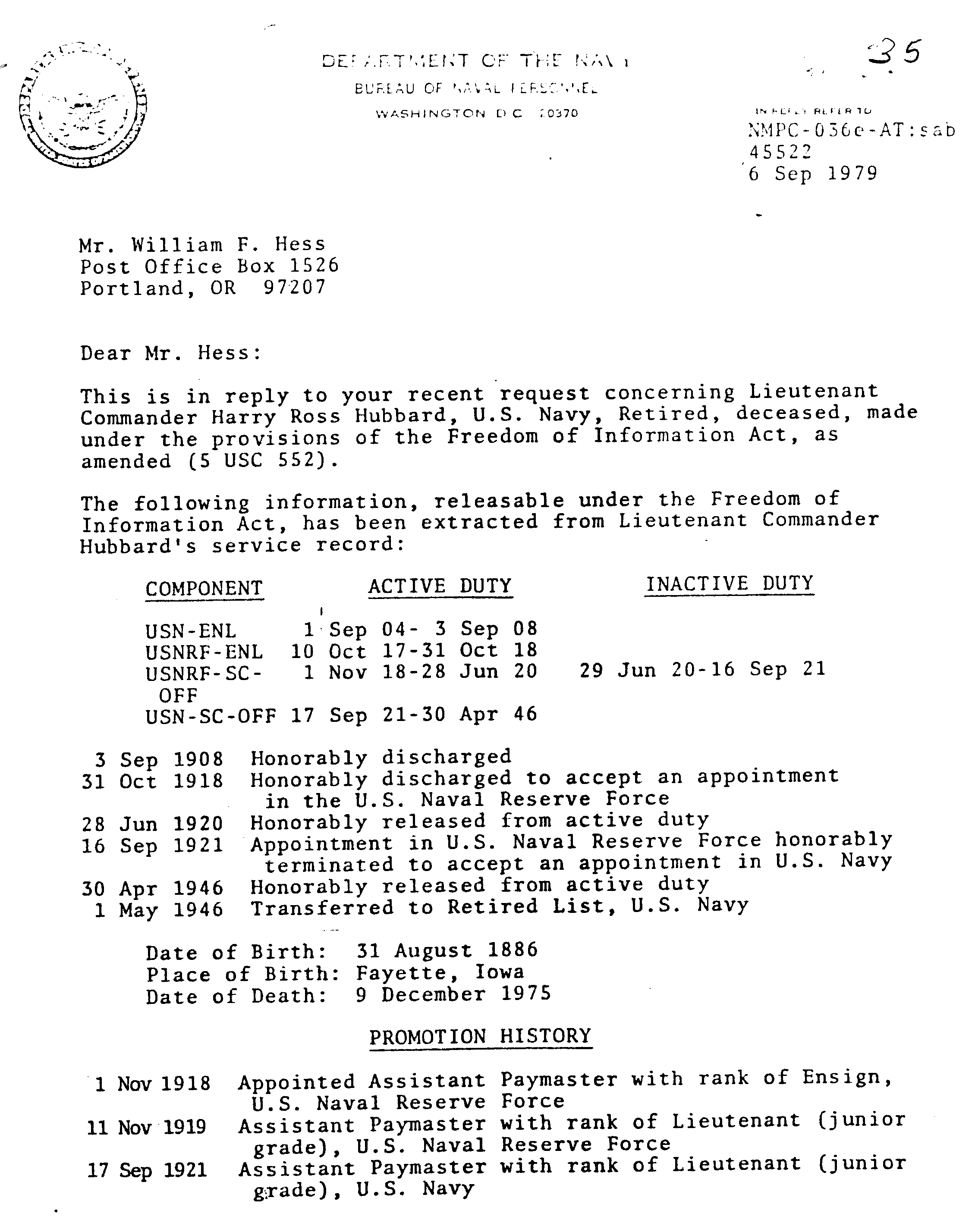 Letter from National Geologic Review Puerto Rico - no record of L Ron Hubbard, item 62 on Shannon Report