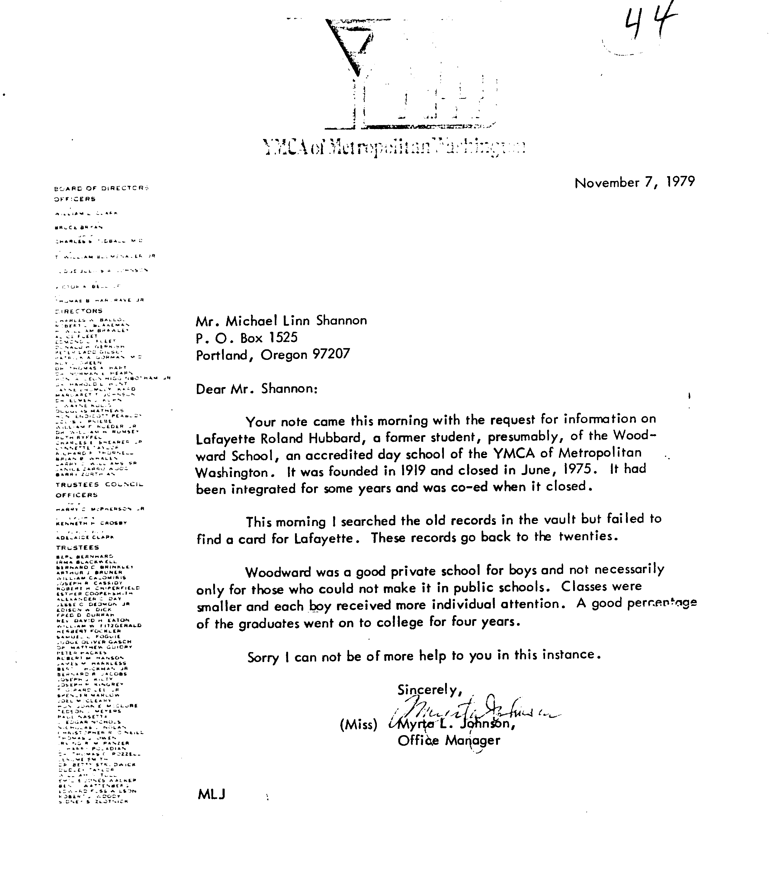 Letter from the Metropolitan YMCA of Washington, D.C.. no membership card for L Ron Hubbard Item 44 of Shannon Report