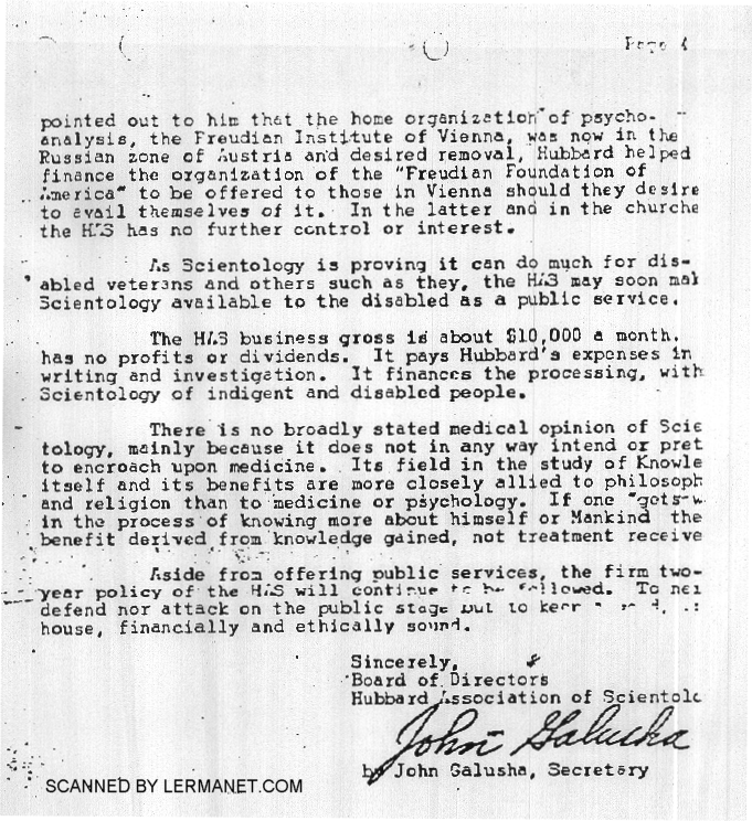 47. Letter from the Hubbard Association of Scientologists, Phoenix, Az, to the
Better Business Bureau of Phoenix, dated 12 June 1954, and signed by John Galusha secretary
