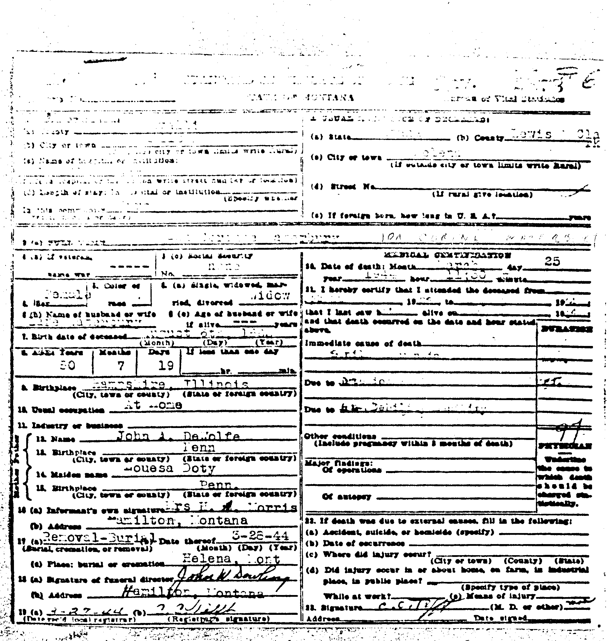 Certified copy of the death certificate of Ida Corinne Waterbury nee DeWolfe
. from the Department of Health, Helena, Montana - file# RAV-2878 - #6 on Shannon Report