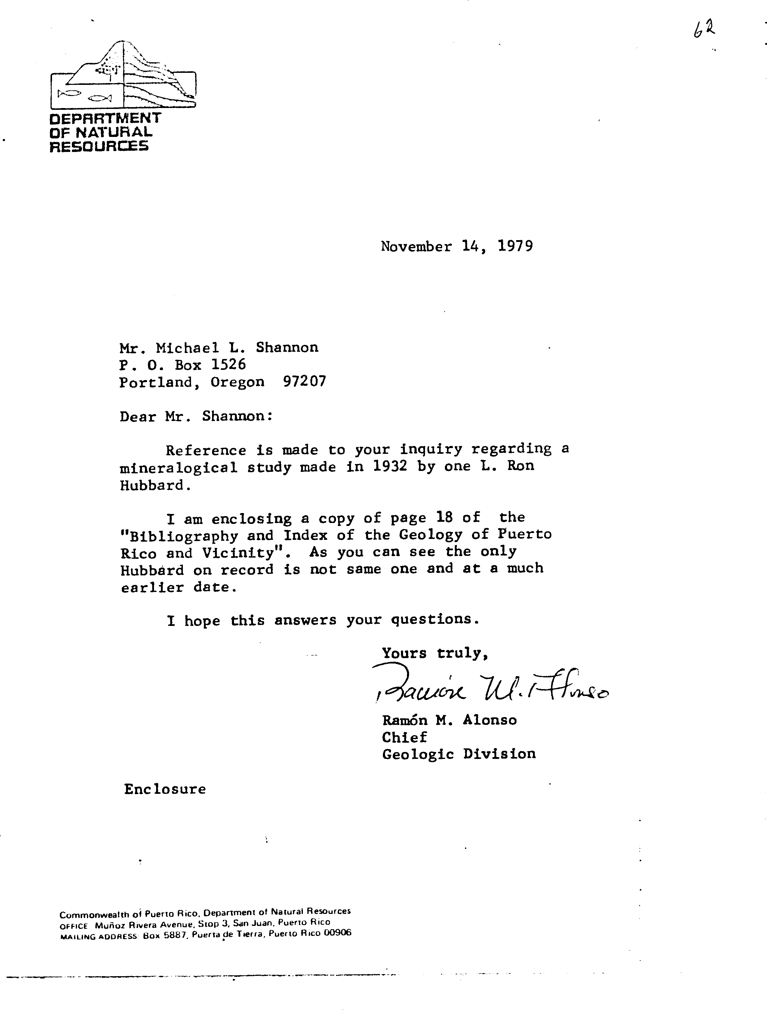 Letter from the Dept of Natural Resources of Puerto Rico dated Nov 14, 1979 - Not the same one ( Hubbard)