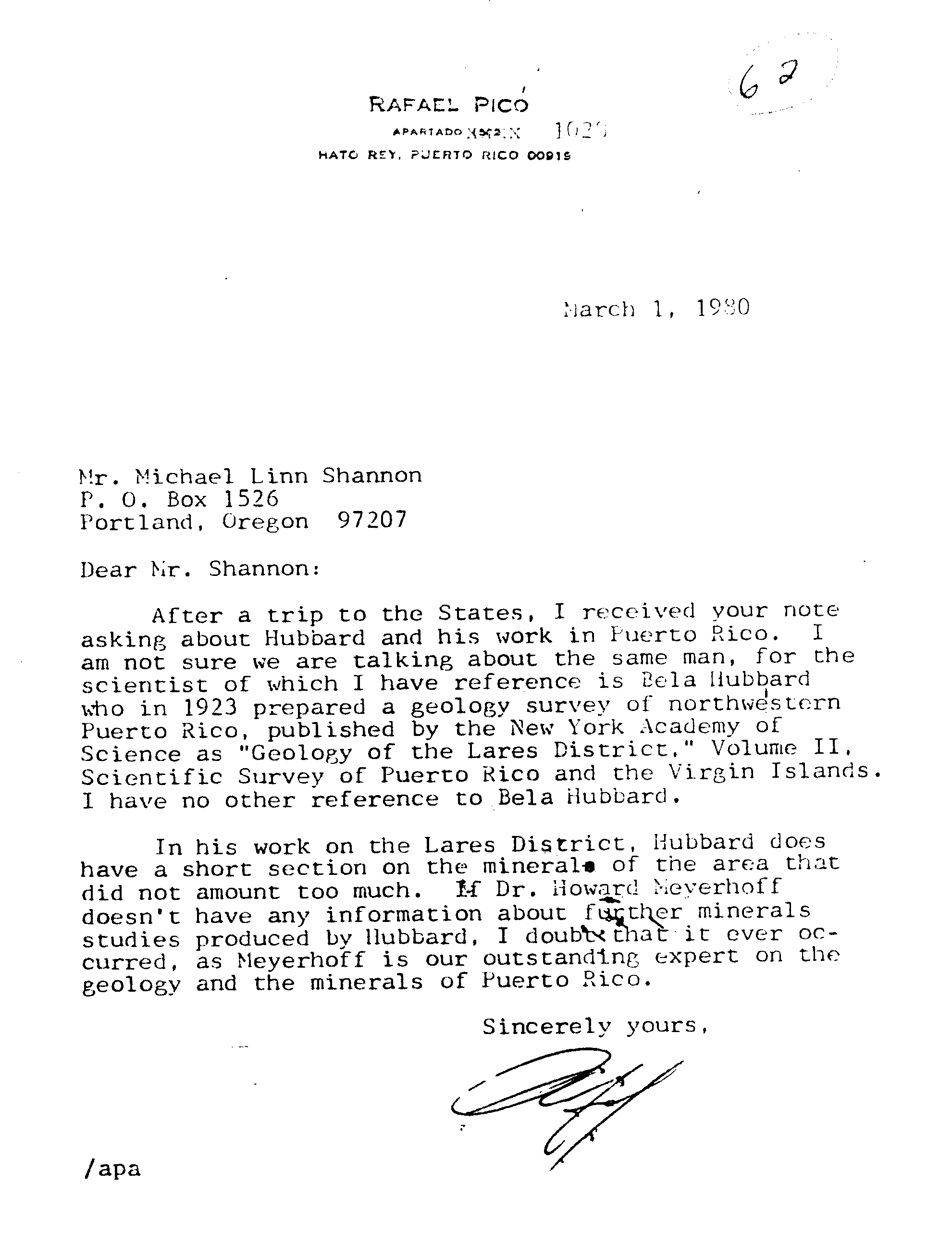 Letter from National Geologic Review Puerto Rico - no record of L Ron Hubbard, item 62 on Shannon Report