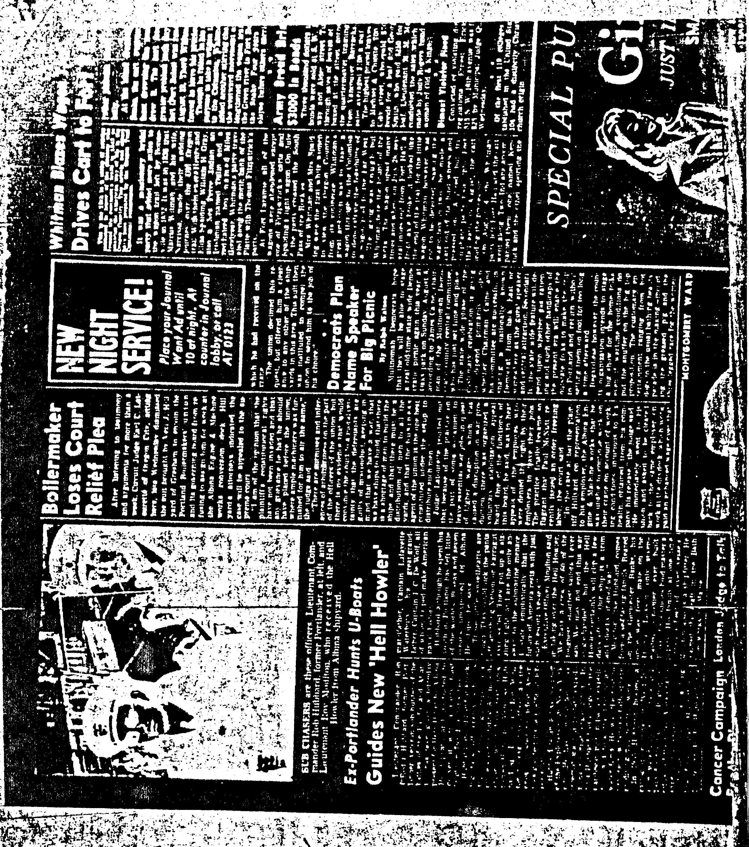 9 Article in the Portland, Oregon Journal 22 April 1943  Lt Commander Rob Hubbard former Portlander, at left and Lieutenant Roy illegible who recieved the HEll Howler from the Albina shipyard