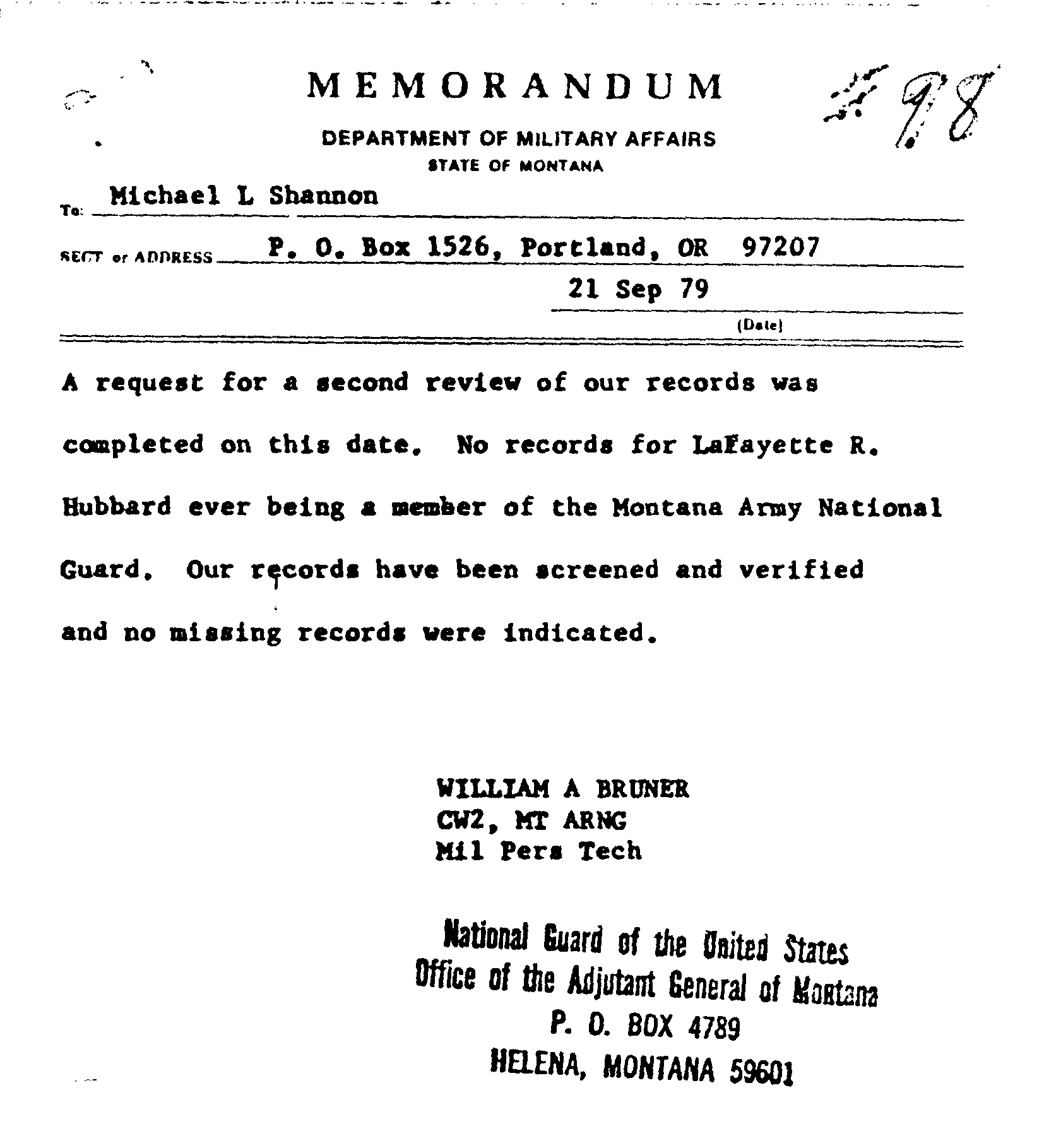 2nd Letter from the Montana National Guard - no record of Hubbard
